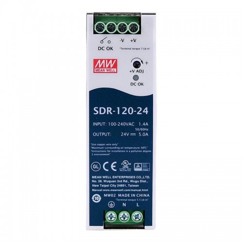 Meanwell SDR-120-24 DIN Rail Power Supply 24VDC 5A 120W with PFC Function