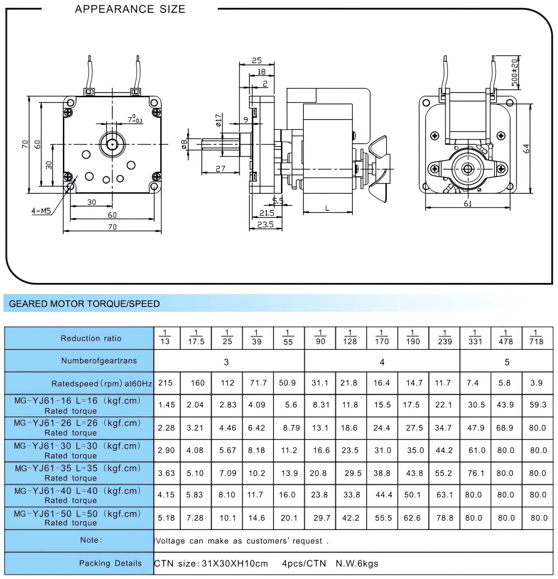 Shade Pole Gearmotor MG-YJ61 Single Phase AC 110/220V with Ratio 13:1 - 718:1 Spur Gearbox