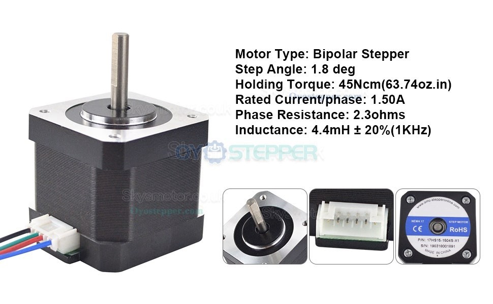 Nema 17 Stepper Motor 1.5A 12V 63.74oz.in  4-Lead 39mm Body W/ 1m Cable and Connector for DIY CNC/ 3D Printer/Extruder 