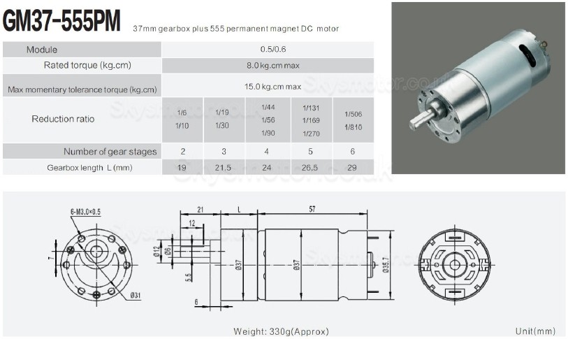 20Pcs &Phi;37mm 12V/24V Brushed DC Gearmotor GM37-555 with Reduction Ratio 6~810 Spur Gearbox