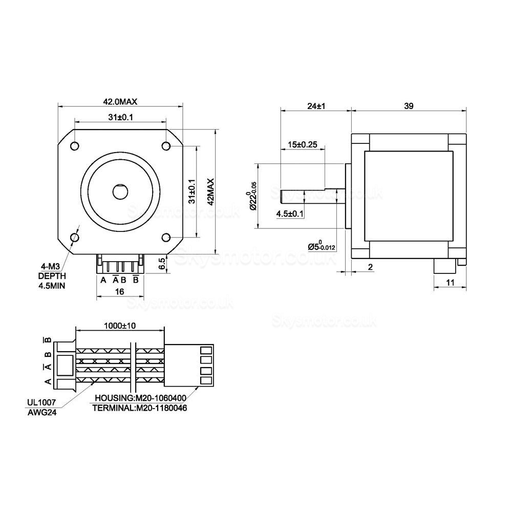 Nema 17 Stepper Motor 1.5A 12V 63.74oz.in  4-Lead 39mm Body W/ 1m Cable and Connector for DIY CNC/ 3D Printer/Extruder 