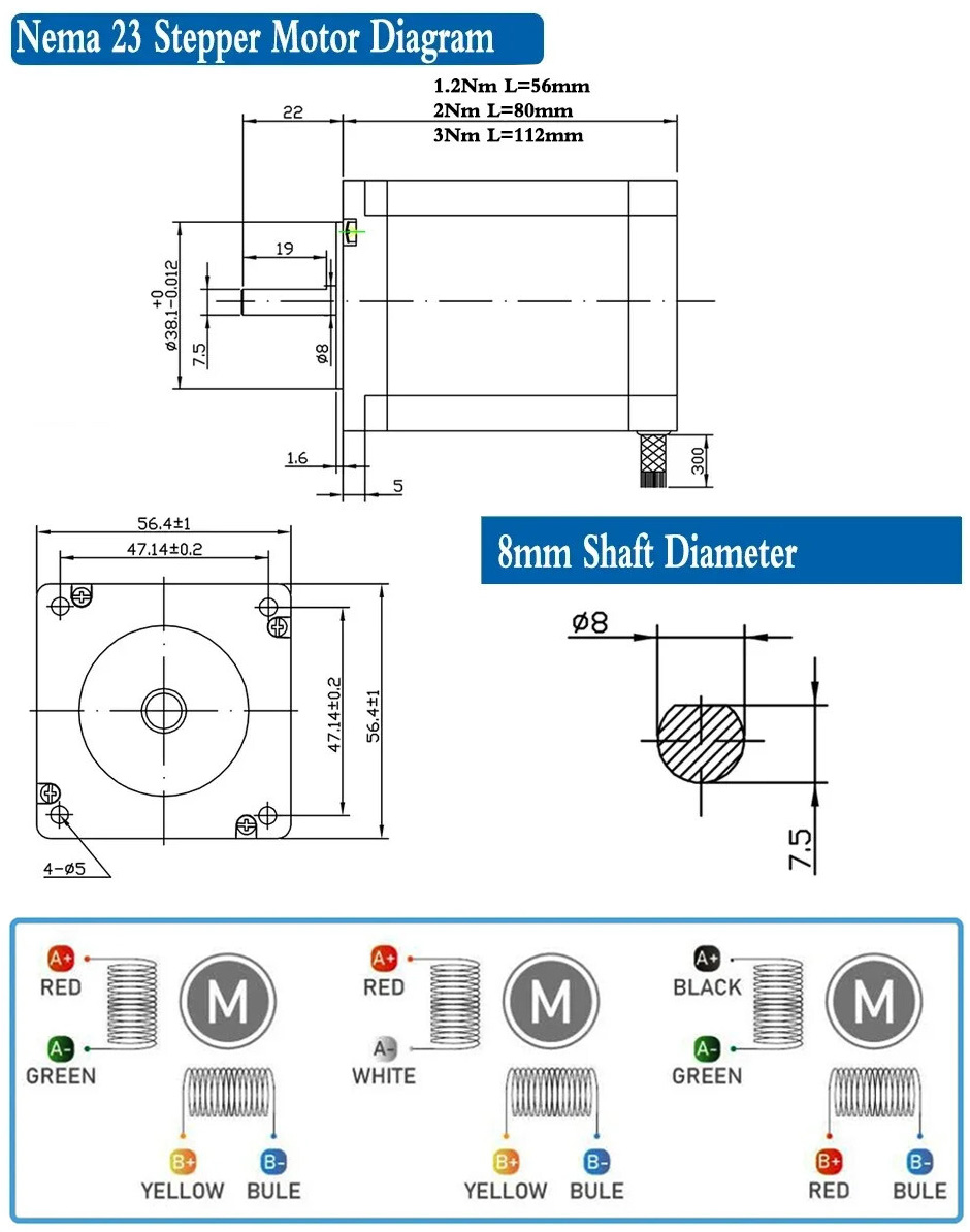 Nema 23 Stepper Motor 57HS56/80/11230A4 1.8 Deg 4-Lead 1.2Nm/2Nm/3Nm for 3D Print/CNC Router Mill