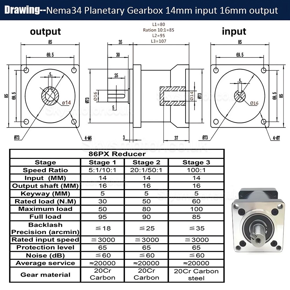 86PX Series Nema 34 Planetary Gearbox Ratio 5:1 - 100:1 for 86mm Stepper Motor