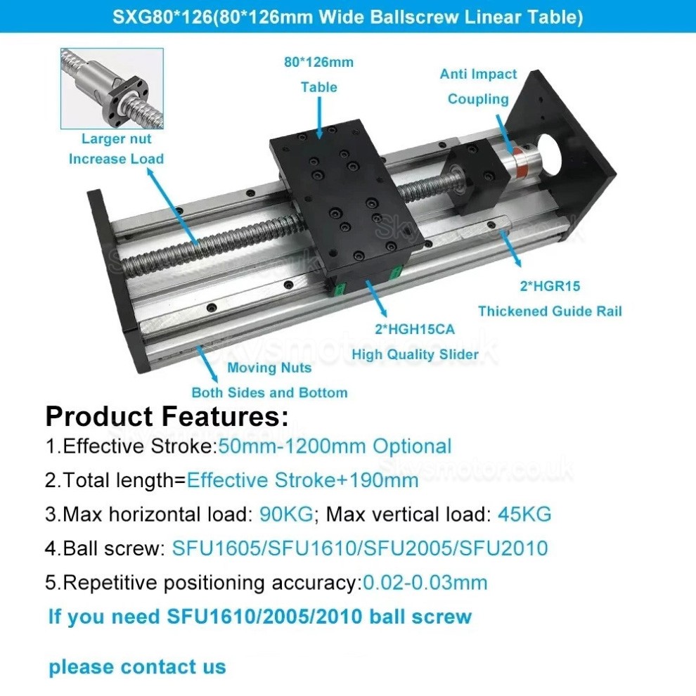 Heavy Duty Linear Motion Guide Stage SXG80&times;120 Ballscrew CNC Linear Slide Table Fit Nema23 / 34 Motor