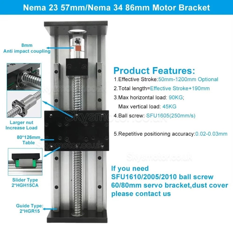 Heavy Duty Linear Motion Guide Stage SXG80&times;120 Ballscrew CNC Linear Slide Table Fit Nema23 / 34 Motor