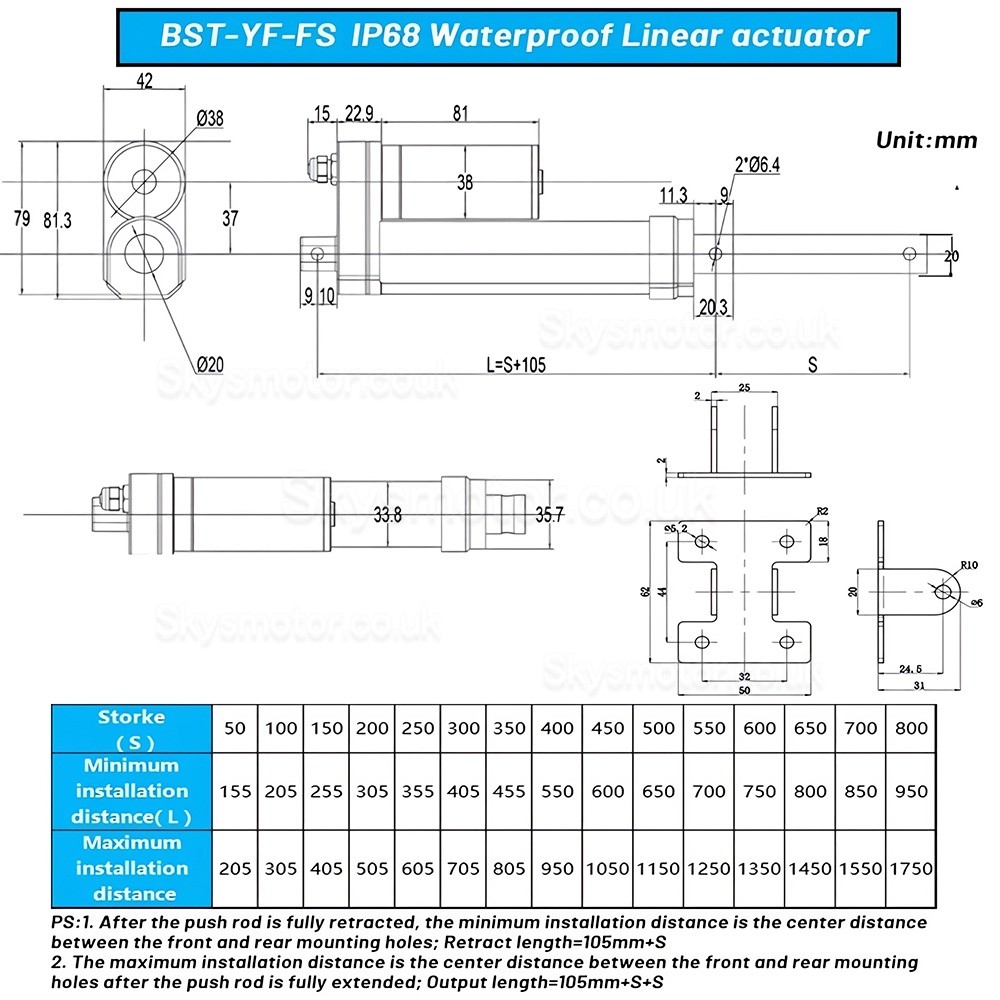 IP68 Submersible Electric Linear Actuator BST-YF-FS 12V Motorized Linear Actuators for Industrial Automation