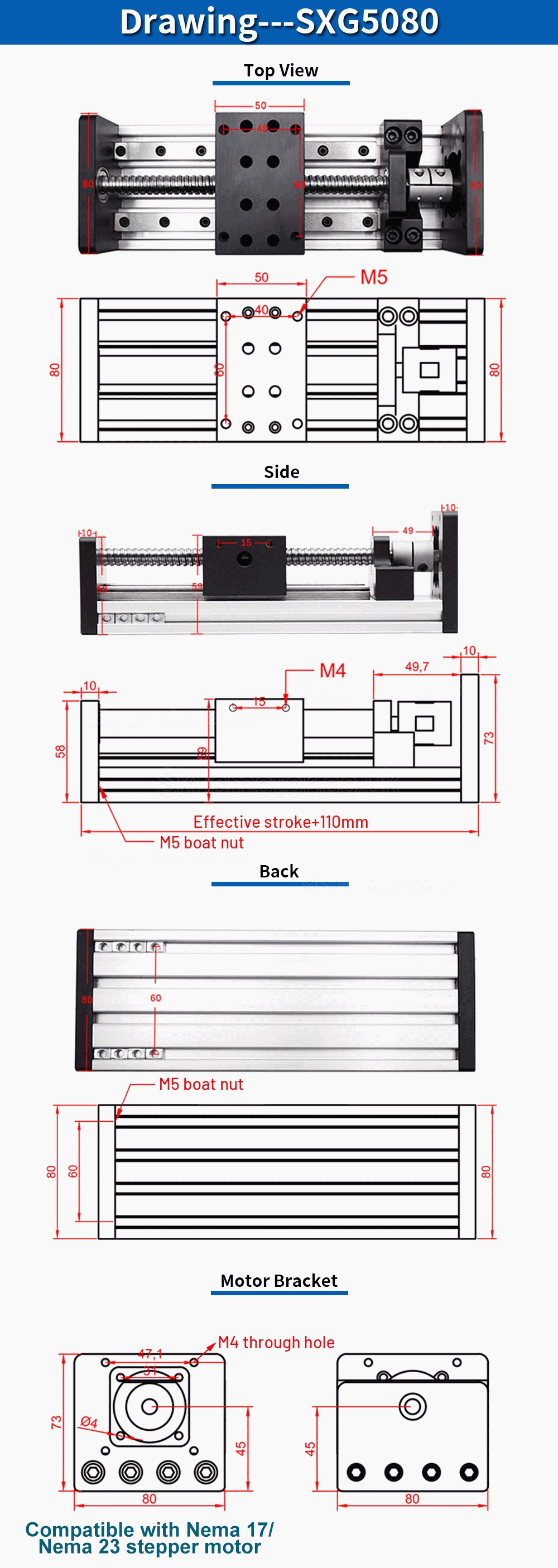 Ballscrew Linear Slide SXG5080-1 CNC Linear Motion Stage Fit Nema 17 / Nema 23 Stepper Motors 