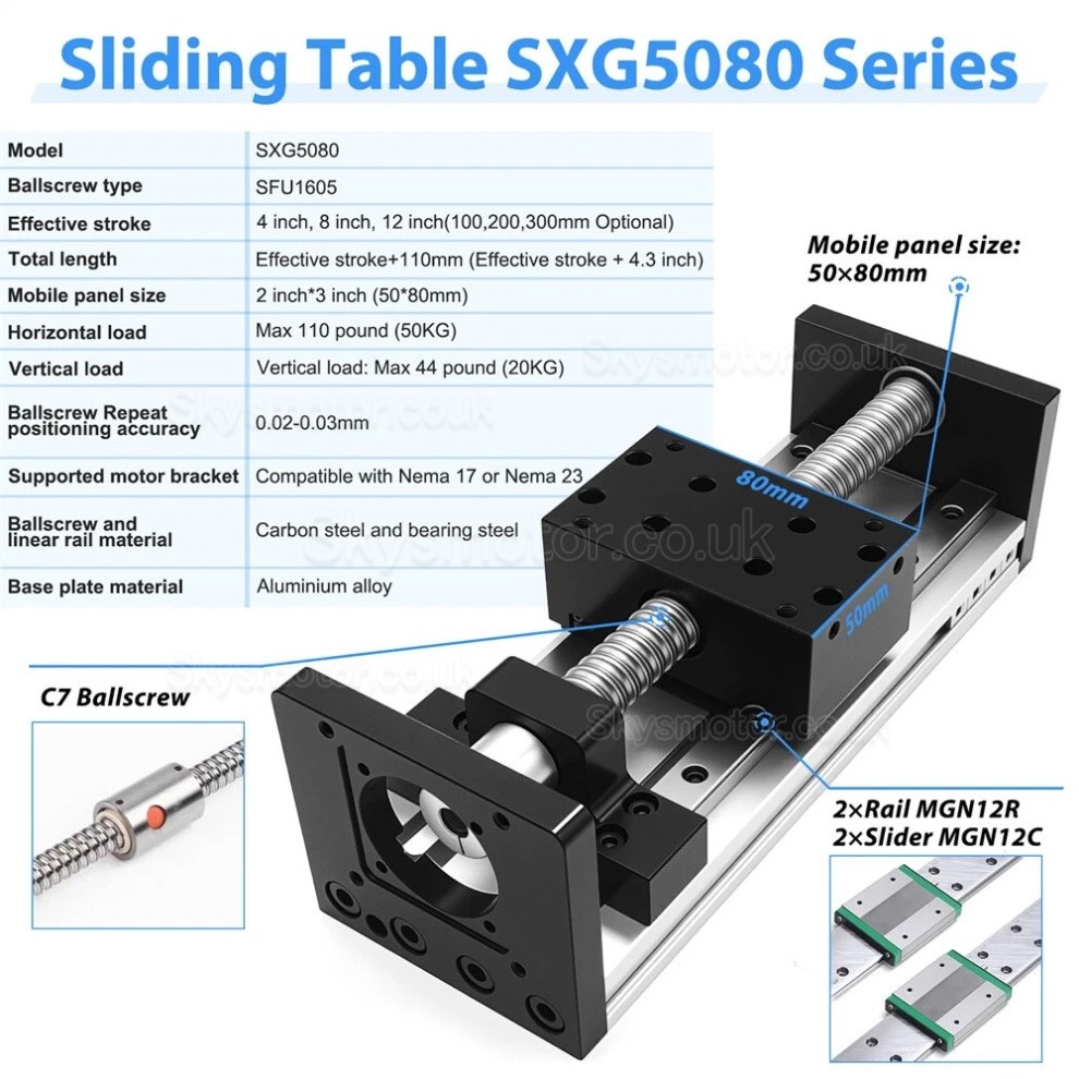 Ballscrew Linear Slide SXG5080-1 CNC Linear Motion Stage Fit Nema 17 / Nema 23 Stepper Motors 