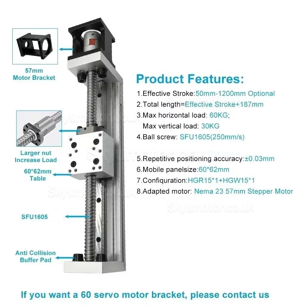 Mini Ballscrew Linear Module Table DXG-YR60+SFU1605 with 1.2/2/3Nm Nema 23 Stepper Motor & Driver Kit