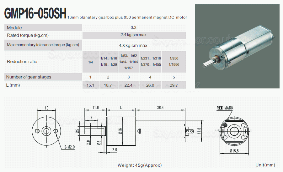 2Pcs Φ16mm 12V/24V Brushed DC Gearmotor PMDC Motor GMP16-050SH with Ratio 4~1024 Planetary Gearbox