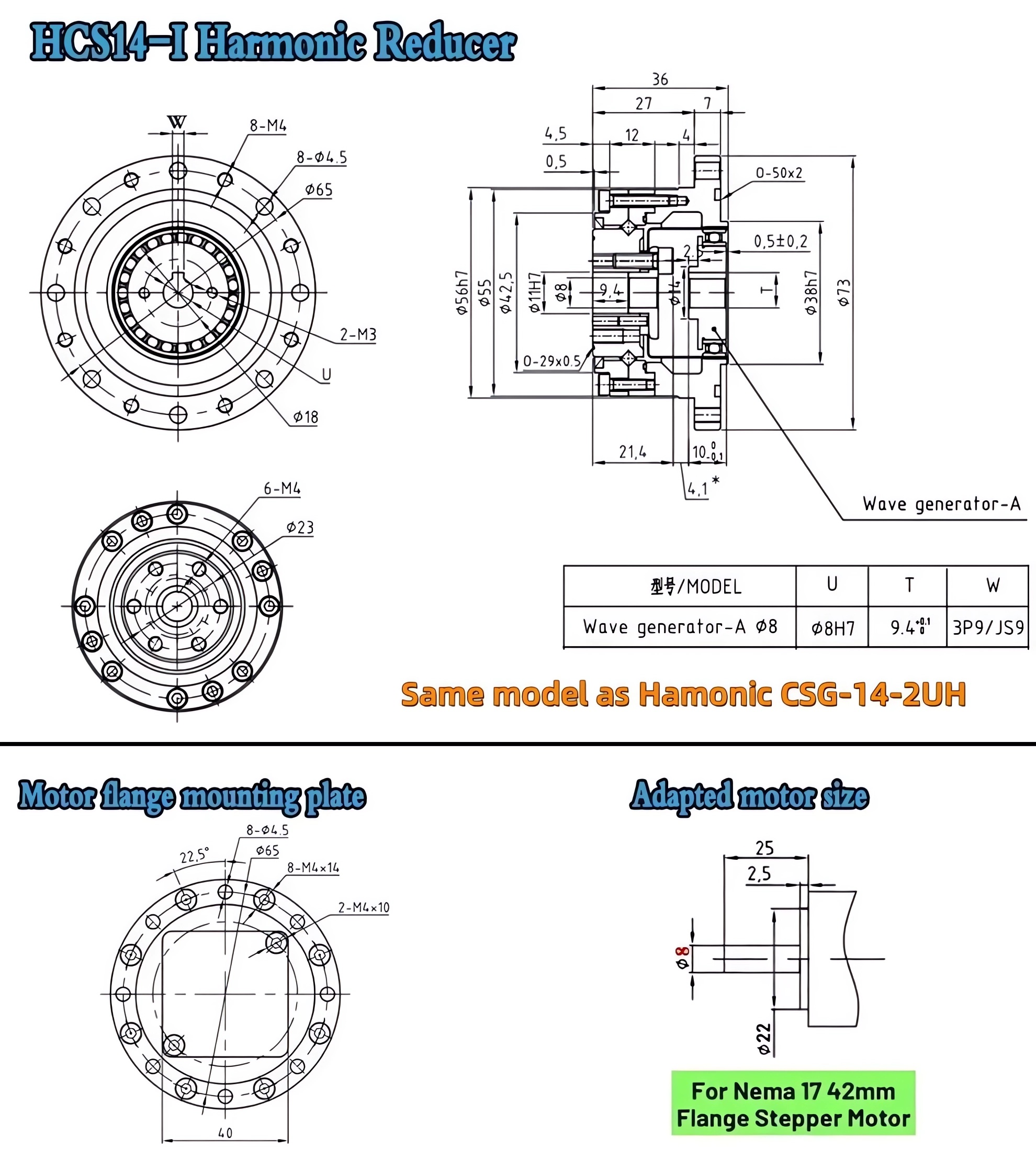 CSF Series Harmonic Drive Gearbox Ratio 50:1/80:1/100:1/120:1 for Stepper / Servo Motor