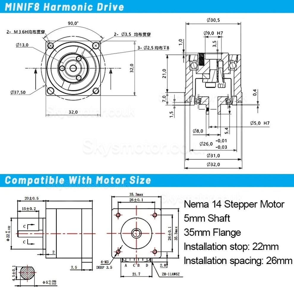 MINIS/MINIF Series Harmonic Drive Gearbox Ratio 30:1/50:1/100:1