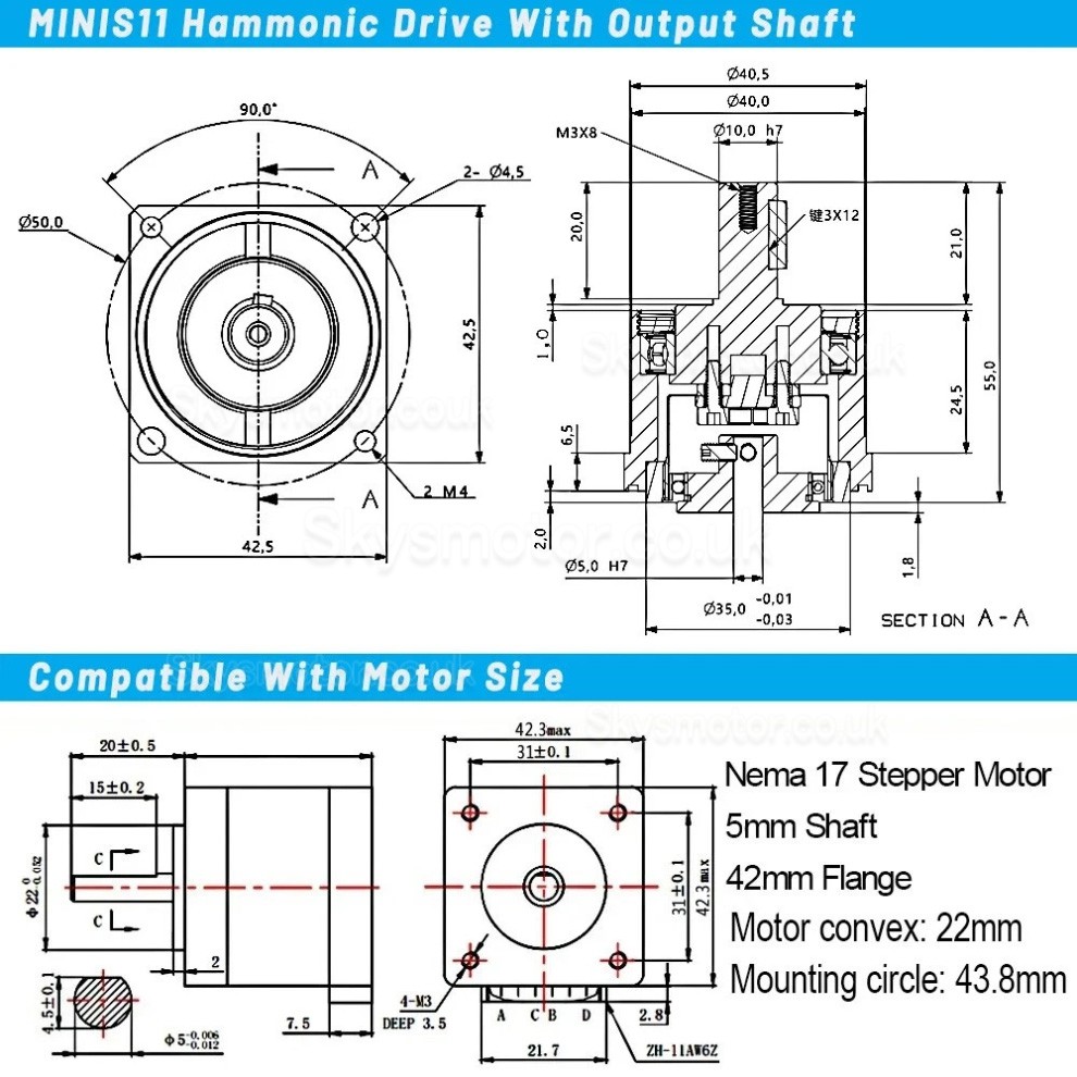 MINIS/MINIF Series Harmonic Drive Gearbox Ratio 30:1/50:1/100:1