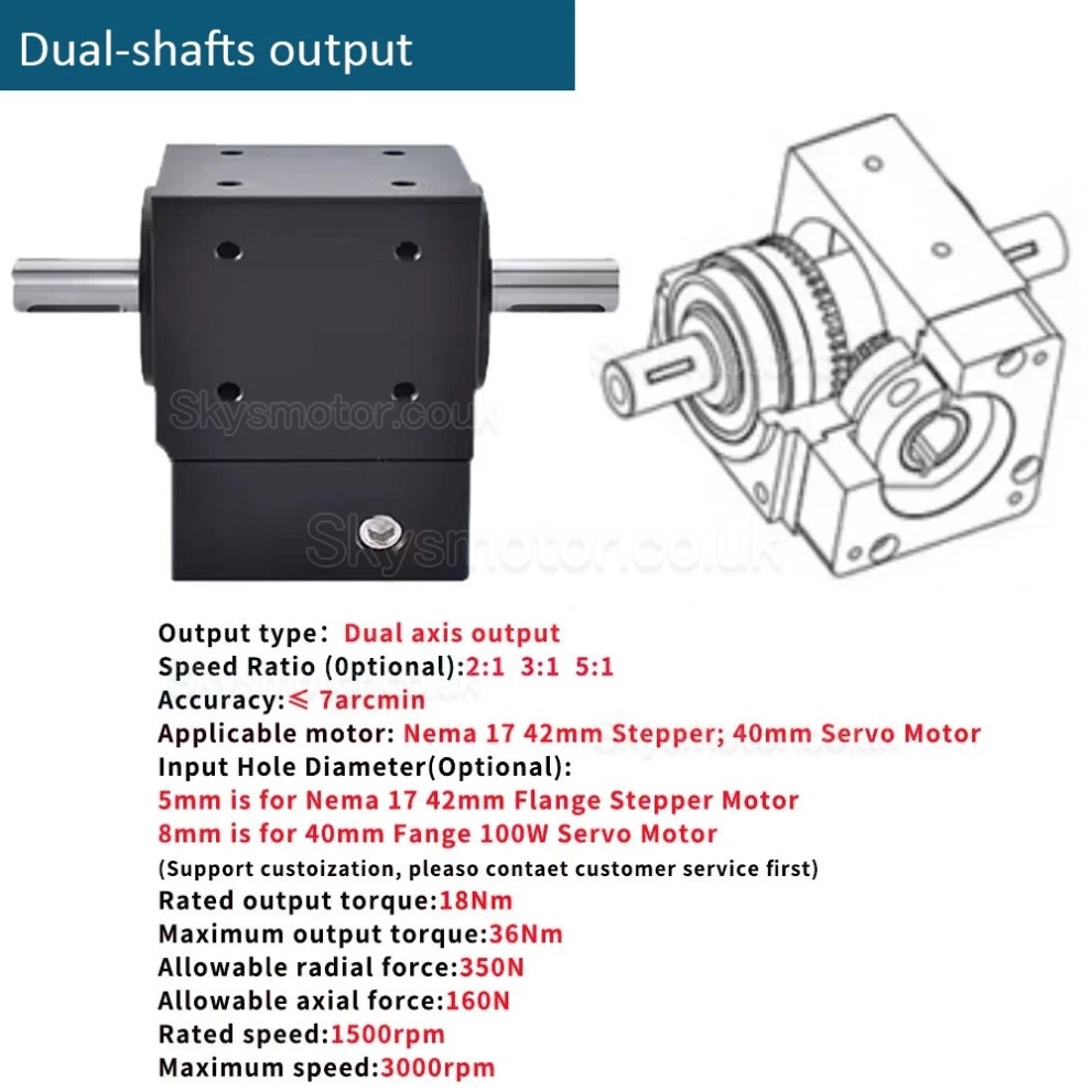 Nema 17 Right Angle Bevel Gearbox 90 Degree Commutator Ratio 2:1/3:1/5:1 for Nema 17 Stepper Motor