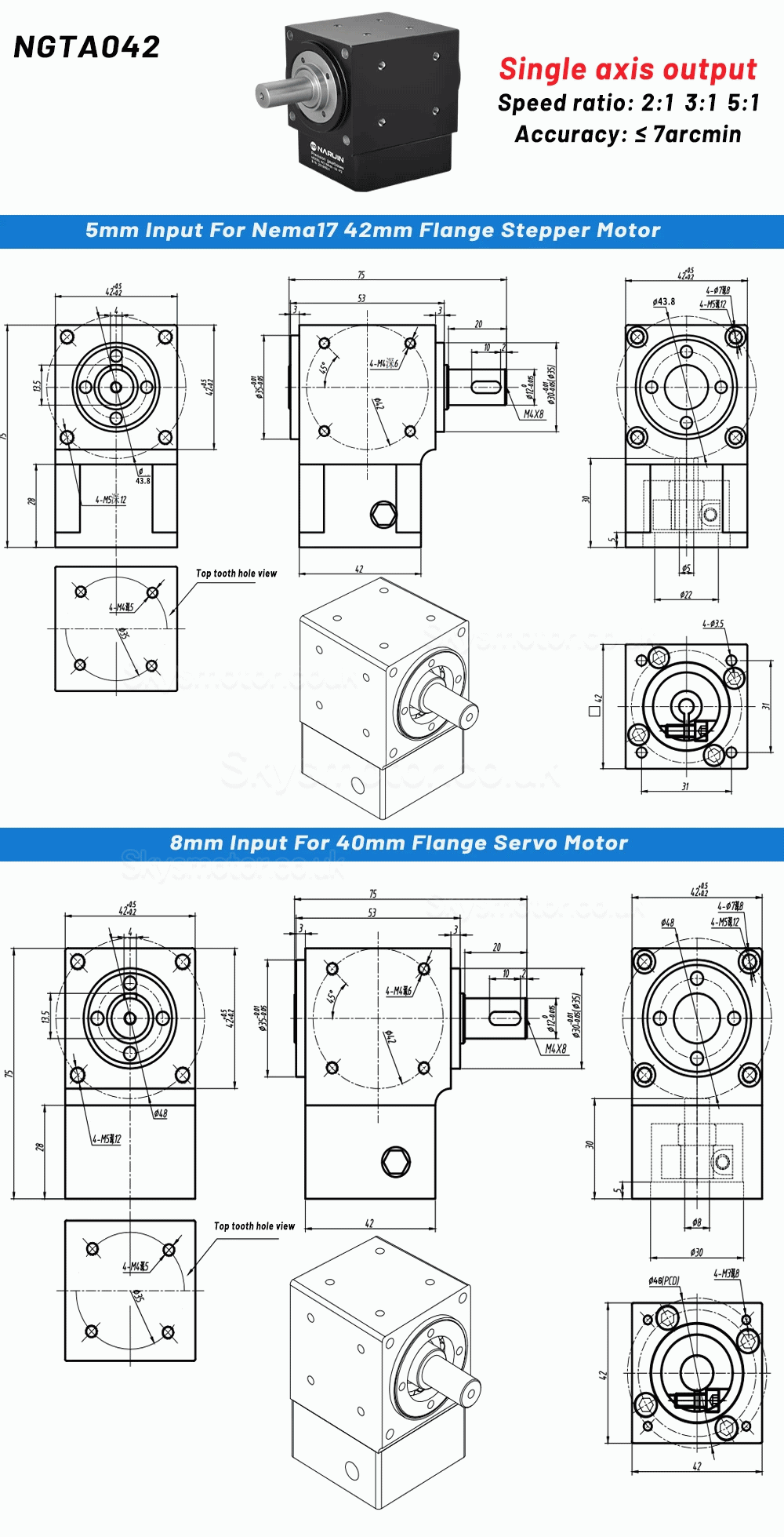 Nema 17 Right Angle Bevel Gearbox 90 Degree Commutator Ratio 2:1/3:1/5:1 for Nema 17 Stepper Motor