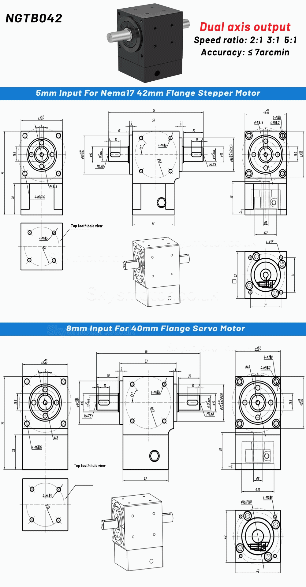Nema 17 Right Angle Bevel Gearbox 90 Degree Commutator Ratio 2:1/3:1/5:1 for Nema 17 Stepper Motor