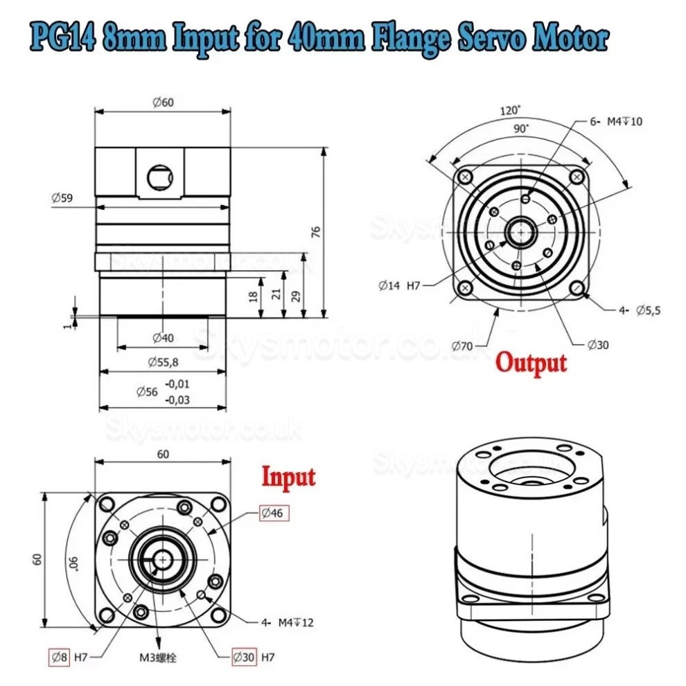 PG Series Harmonic Drive Gearbox 20 Arc-sec Ratio 50:1/80:1/100:1 