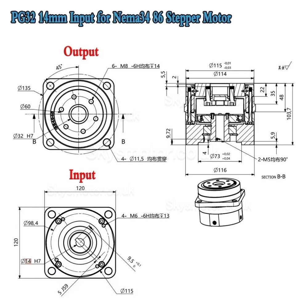 PG Series Harmonic Drive Gearbox 20 Arc-sec Ratio 50:1/80:1/100:1 