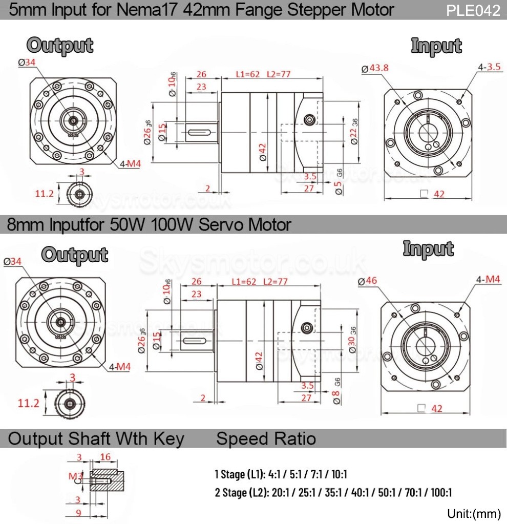 PLE042 Series Nema 17 Planetary Gearbox Ratio 4:1 - 100:1 for NEMA17 Stepper Motor / 40mm Servo Motor 50W 100W