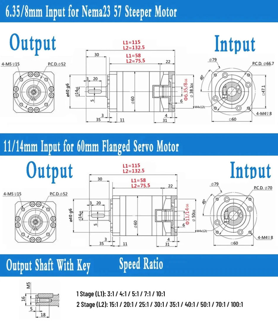 PLE060 Series Nema 23 Planetary Gearbox Ratio 3:1 - 100:1 for NEMA23 Stepper Motor / 200W 400W 60mm AC Servo Motor