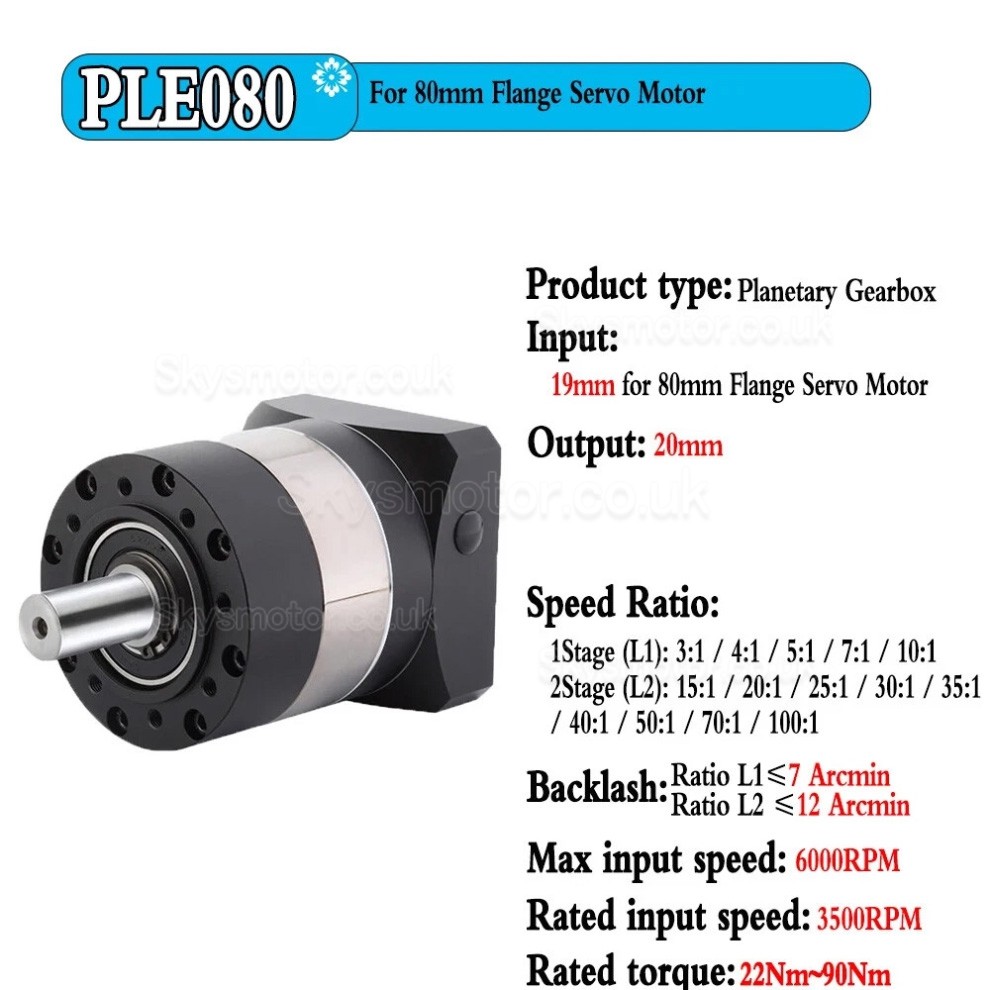 PLE080 Series Planetary Gearbox 7-12 Arcmin 19mm Input Ratio 3:1 - 100:1 for 80mm Servo Motor