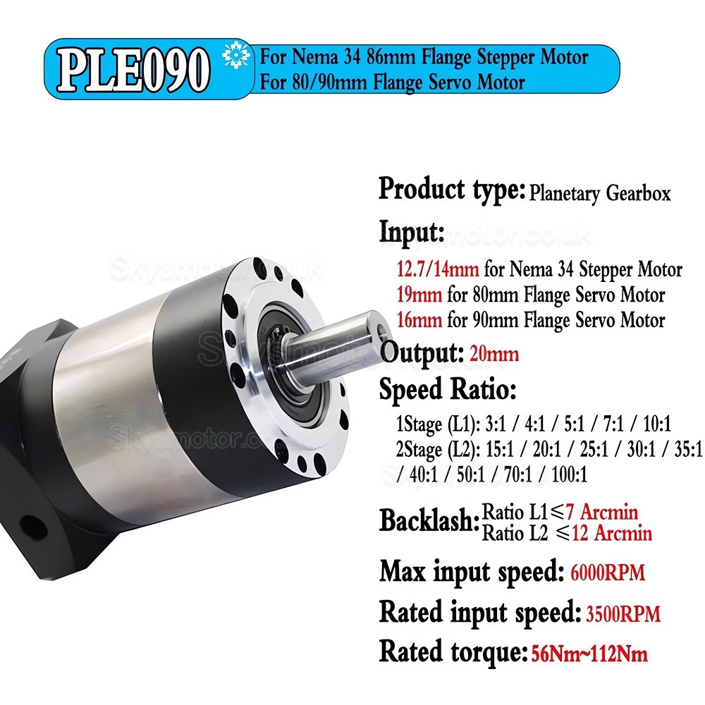 PLE090 Series Nema 34 Planetary Gearbox Ratio 3:1 - 100:1 for NEAM34 Stepper Motor, 80mm / 90mm Servo Motor