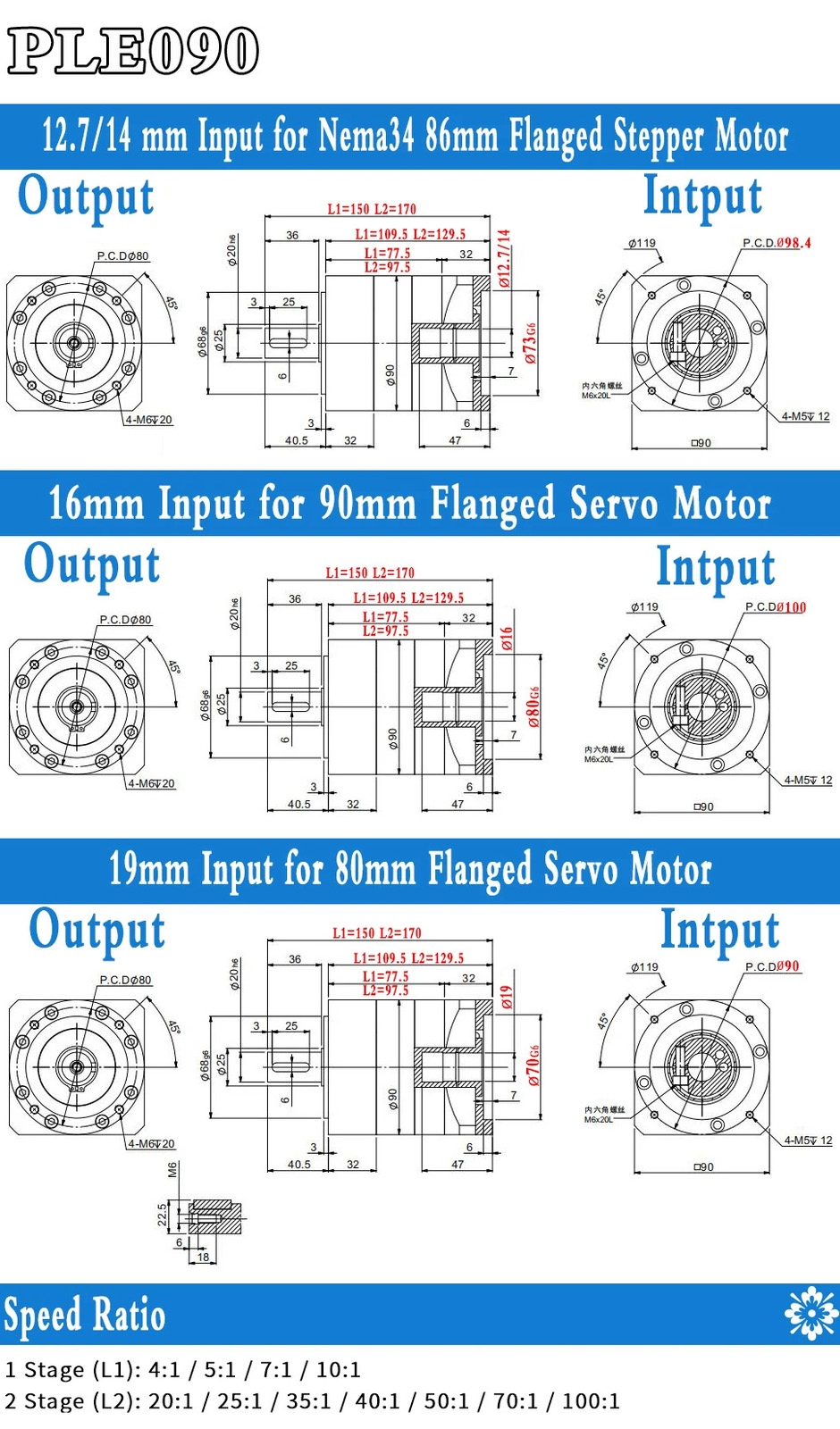PLE090 Series Nema 34 Planetary Gearbox Ratio 3:1 - 100:1 for NEAM34 Stepper Motor, 80mm / 90mm Servo Motor