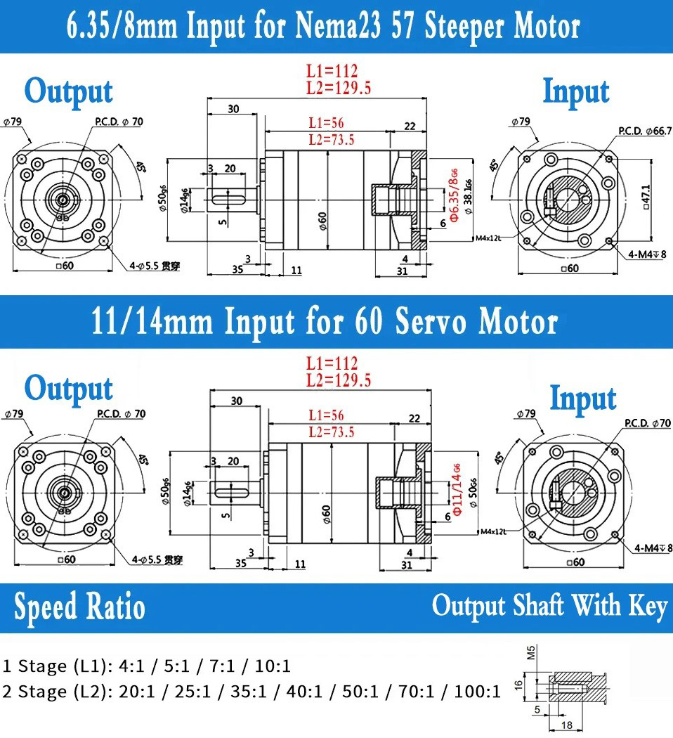 PLF060 Series Nema 23 Planetary Gearbox Ratio 3:1 - 100:1 Fit Nema 23 Stepper Motor / 60mm Servo Motor