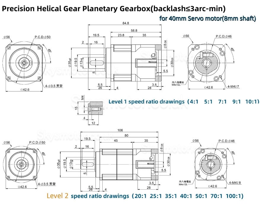 PLG042  Helical Planetary Gearbox Ratio 4:1 - 100:1 Fit NEMA 17 Stepper Motor / 40mm Servo Motor