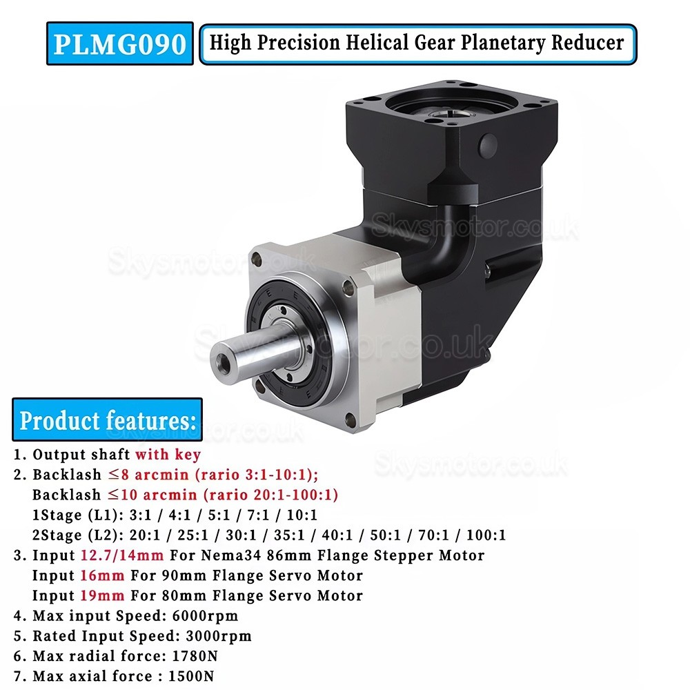 PLMG090 Series NEMA 34 Right Angle Planetary Gearbox Ratio 3:1 - 100:1 for NEMA 34 Stepper / 90mm Servo Motor PLMG090 Series NEMA 34 Right Angle Planetary Gearbox Ratio 3:1 - 100:1 for NEMA 34 Stepper / 90mm Servo Motor
