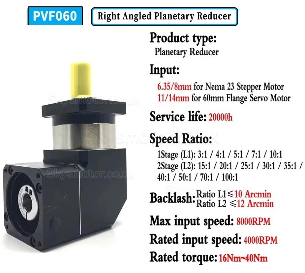PVF060 Series Nema23 Right Angle Planetary Gearbox Ratio 3:1 - 100:1 Fit Nema 23 Stepper / 60mm Servo Motor