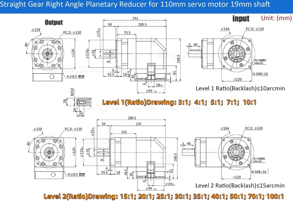 PVF120 Series Nema42 Right Angle Planetary Gearbox Ratio 3:1 - 100:1 for Nema 42 Stepper /100-130mm Servo Motor