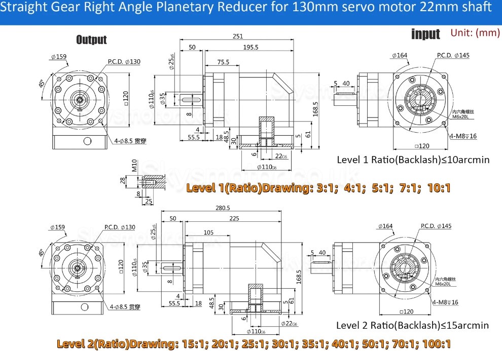 PVF120 Series Nema42 Right Angle Planetary Gearbox Ratio 3:1 - 100:1 for Nema 42 Stepper /100-130mm Servo Motor