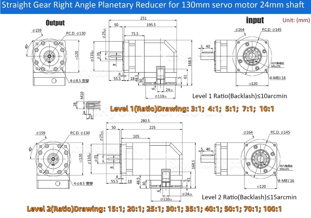 PVF120 Series Nema42 Right Angle Planetary Gearbox Ratio 3:1 - 100:1 for Nema 42 Stepper /100-130mm Servo Motor