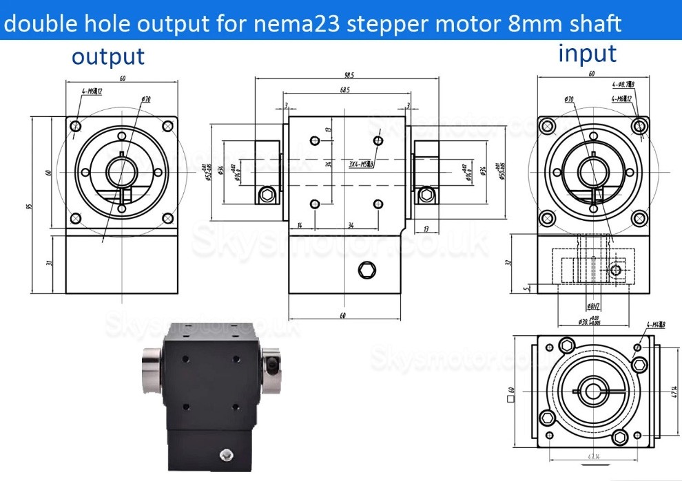 Nema 23 Right Angle Bevel Gearbox 90 Degree Commutator Ratio 2:1/3:1/5:1 for Nema23 Stepper Motor