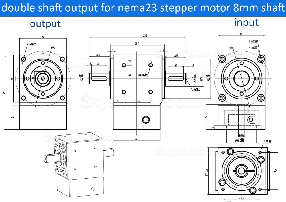 Nema 23 Right Angle Bevel Gearbox 90 Degree Commutator Ratio 2:1/3:1/5:1 for Nema23 Stepper Motor