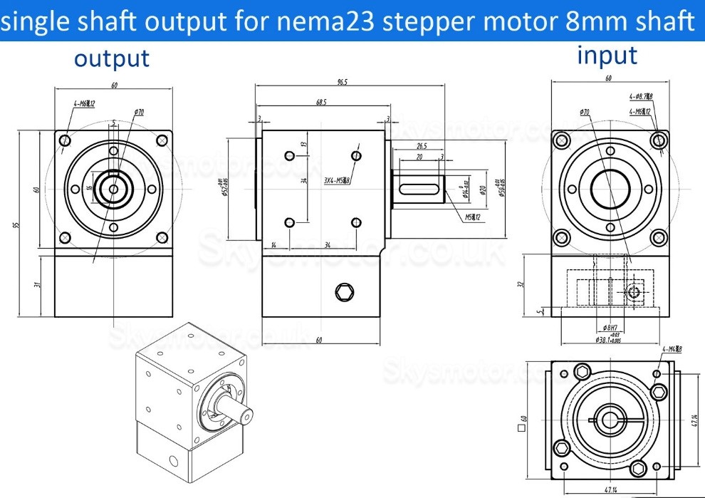 Nema 23 Right Angle Bevel Gearbox 90 Degree Commutator Ratio 2:1/3:1/5:1 for Nema23 Stepper Motor