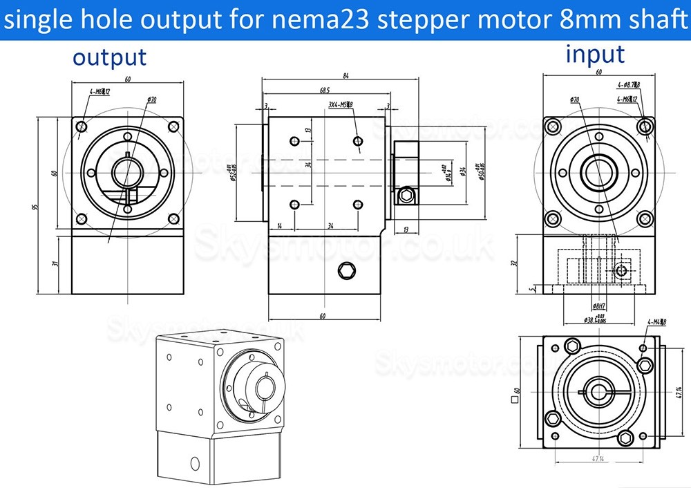 Nema 23 Right Angle Bevel Gearbox 90 Degree Commutator Ratio 2:1/3:1/5:1 for Nema23 Stepper Motor