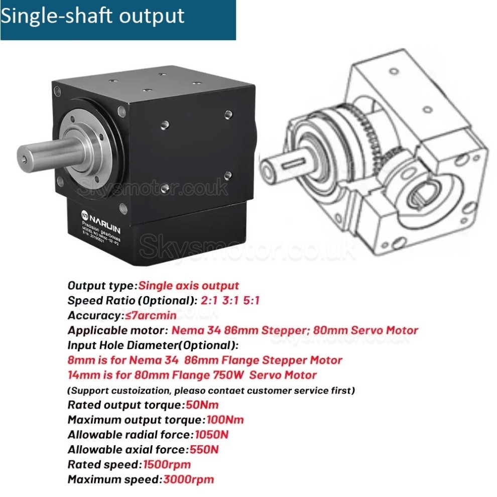 Nema 34 Right Angle Bevel Gearbox Ratio 2:1/3:1/5:1 for for NEMA 34 Stepper/ 80mmServo Motor