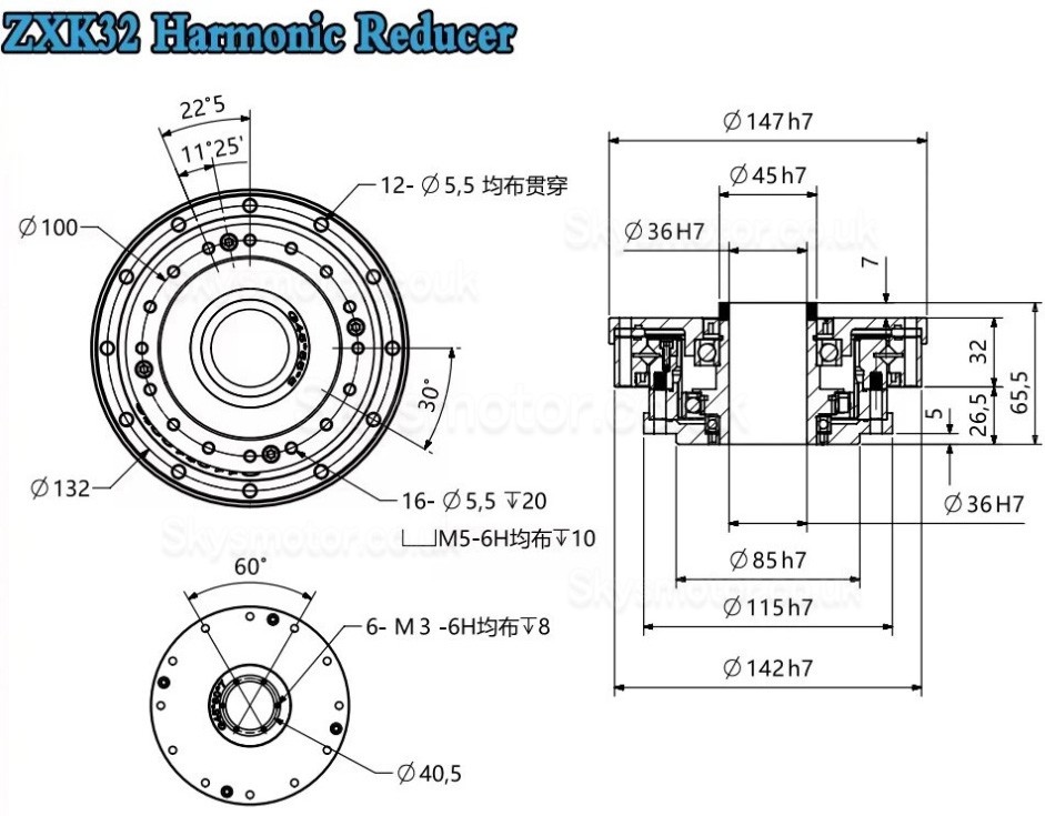 ZXK Series Hollow Type Harmonic Reducer Gearbox 30 Arcsec Ratio 30:1/50:1/80:1/100:1/120:1/160:1 
