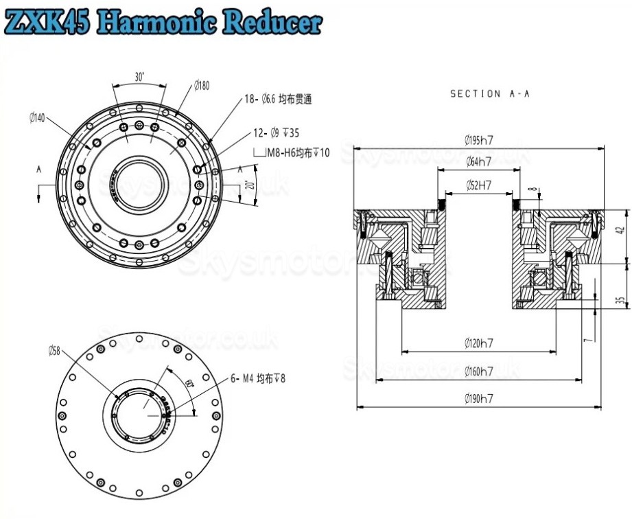 ZXK Series Hollow Type Harmonic Reducer Gearbox 30 Arcsec Ratio 30:1/50:1/80:1/100:1/120:1/160:1 