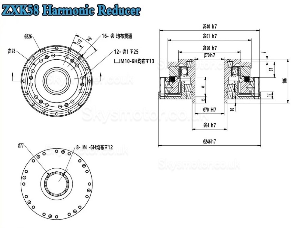 ZXK Series Hollow Type Harmonic Reducer Gearbox 30 Arcsec Ratio 30:1/50:1/80:1/100:1/120:1/160:1 