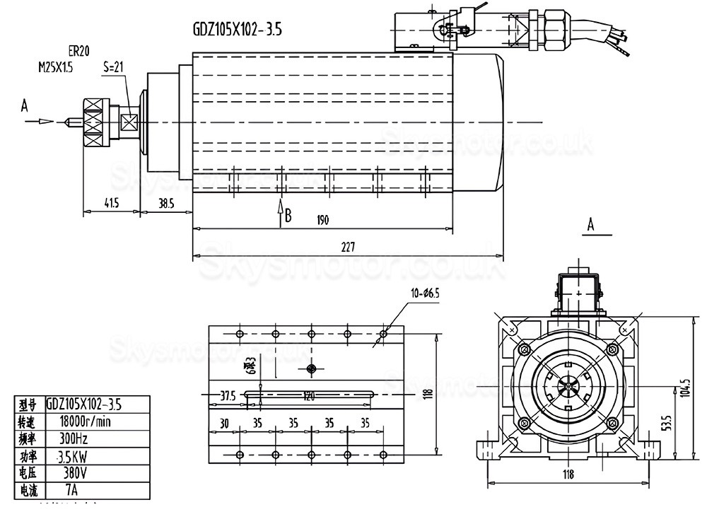 3.5KW 220V/380V Air Cooled Spindle Motor Kit GDZ105X102-3.5 + H100-3.7S2/T4 with Spindle Drives (VFD Drives) & 13Pcs ER20 Collets